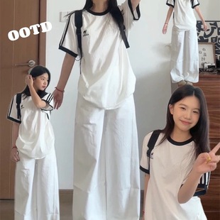 清爽白色系OOTD休闲运动套装女夏季高级简约白色短袖长裤两件套