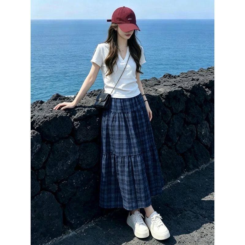 时尚超火休闲运动服套装女夏季韩系穿搭修身短袖格子半身裙两件套