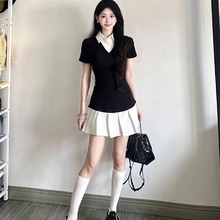 学院风OOTD休闲运动套装女夏季翻领假两件修身上衣百褶裙JK一整套