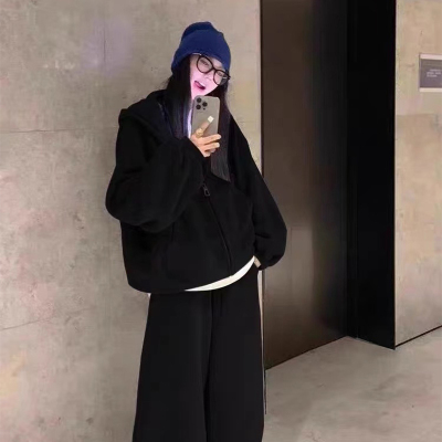 运动套装连帽卫衣外套女冬季加绒加厚慵懒风休闲宽松美式复古上衣