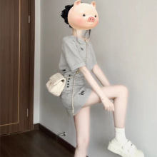 夏季新款时尚韩系休闲运动套装女字母刺绣一字斜肩短袖短裙两件套