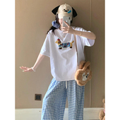 女夏季 韩版 刺绣短袖 可爱少女感休闲运动套装 格子裤 减龄百搭两件套
