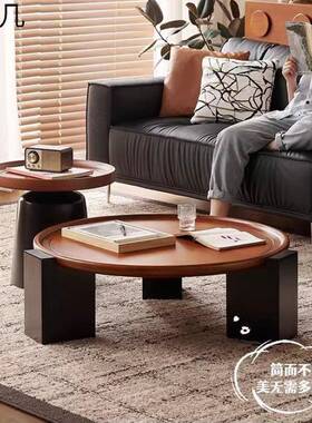中古风茶几圆形实木茶几小户型茶桌子客厅家用创意茶几组合便捷木