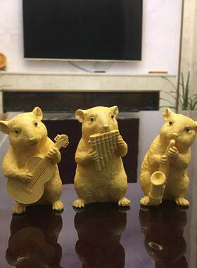 十二生肖老鼠黄杨木雕吉祥三宝新中式家居木雕摆件老鼠三件套