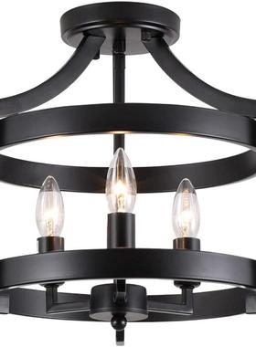 主卧室吸顶灯圆形美式仿古工业铁艺黑色阳台入户门厅玄关书房灯具