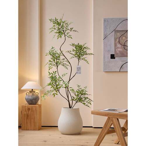 绿植室内软装搭配植物盆栽南天竹假树简约原木风格装饰