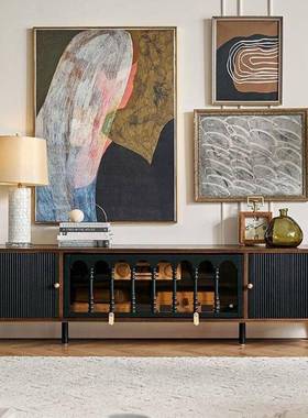 法式复古实木电视柜小户型客厅收纳储物柜一体黑色美式轻奢中古风