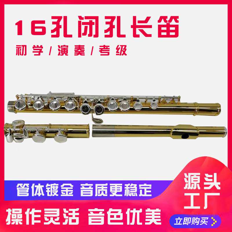 长笛镀金大身镀银键16孔闭孔长笛吹奏乐器彩色长笛乐队专业乐器