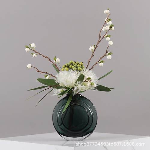 现代简约墨绿玻璃花瓶仿真花艺客厅餐桌样板间家居插花器装饰摆件