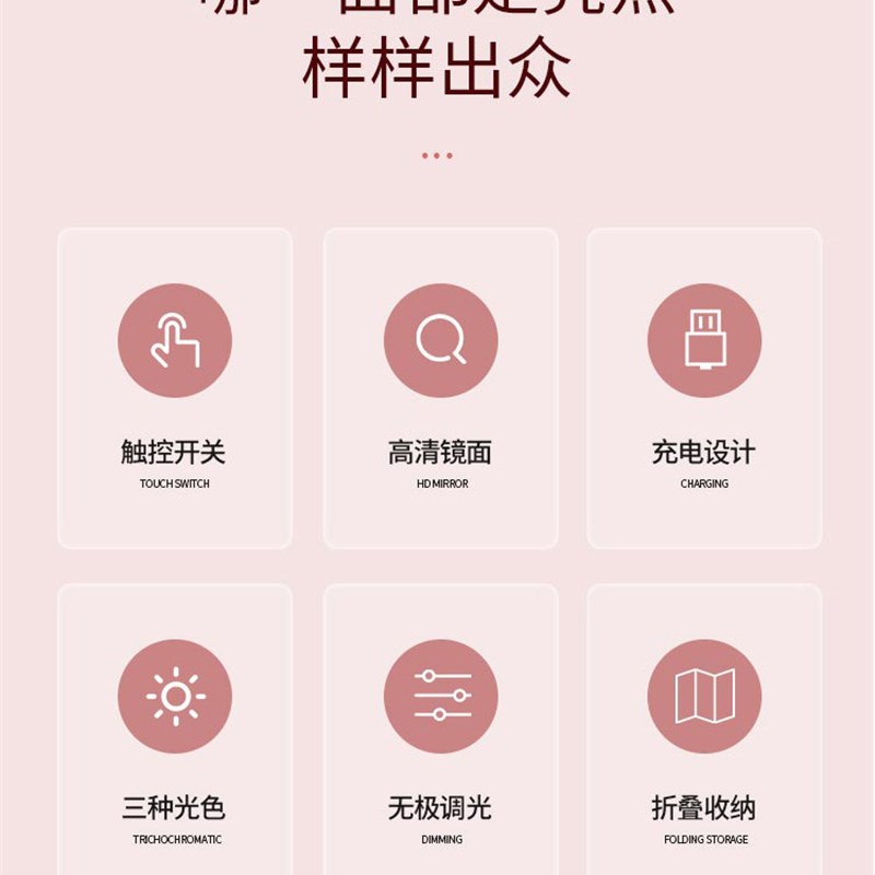 led带灯日光便携折叠学生宿舍随身办公室梳妆台式桌面化妆镜收纳