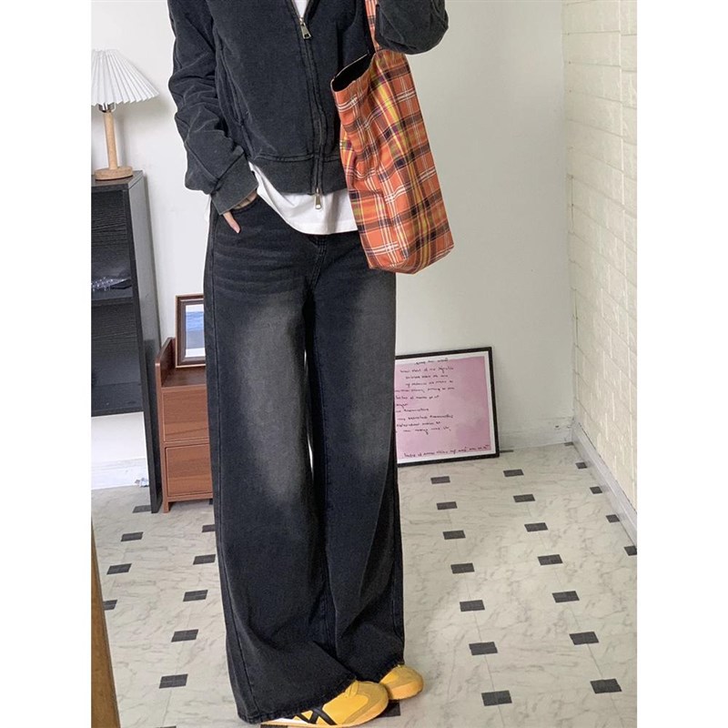 YS媛森烟灰色高腰牛仔裤女秋冬新款胖mm粗腿宽胯加长直筒阔腿裤子