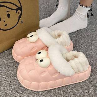 防水居家厚底加绒包跟学生宿舍可爱室内保暖棉鞋 可拆棉拖鞋 女冬季
