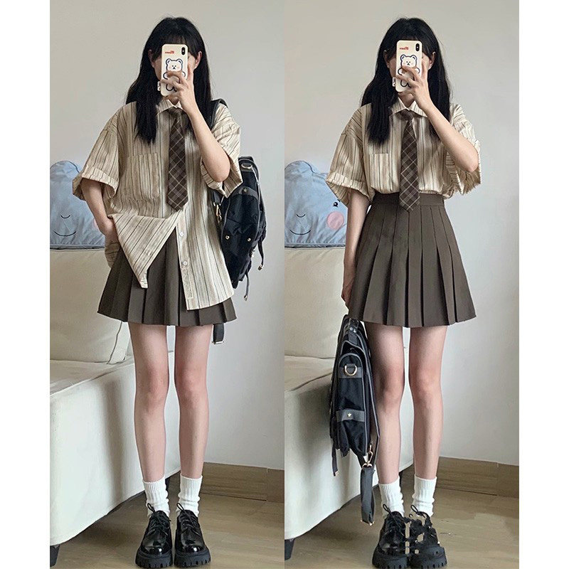 学院风jk制e服夏条纹衬衫百褶裙两件套韩系奶系成套搭配减龄套装