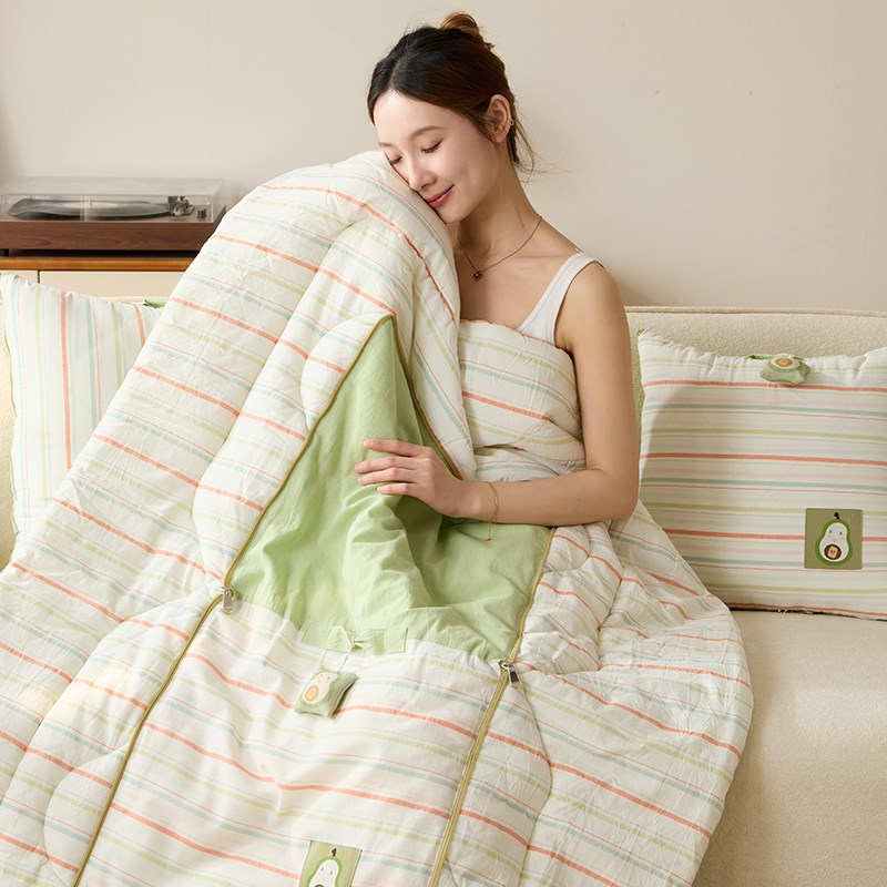 新款全棉水洗条纹抱枕被子两用办公室午睡毯车载学生午休纯棉被夏
