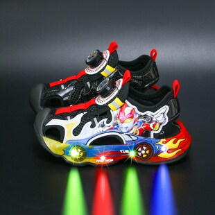 男宝凉鞋带灯纽扣男童凉鞋亮灯鞋夏季儿童旋转扣发光包头凉鞋男孩