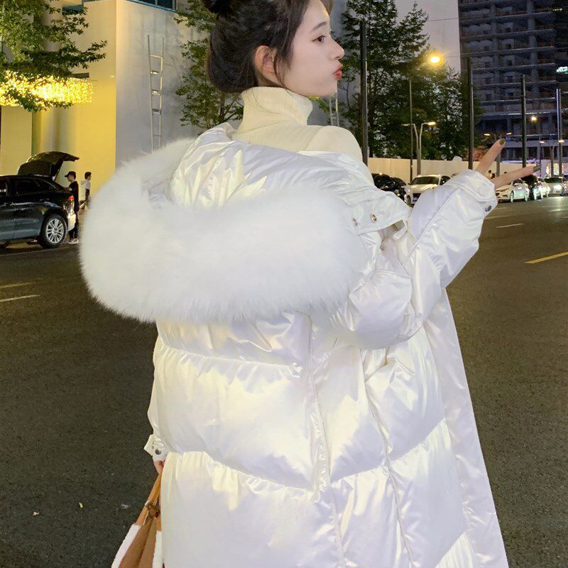 免洗羽绒b服女中长款2025年新款冬季加厚长款小个子大毛领亮面大