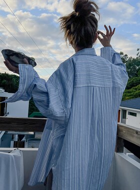 MOERSHOP 风格自定义 条纹BF风防晒衬衫女夏季新款设计感宽松衬衣