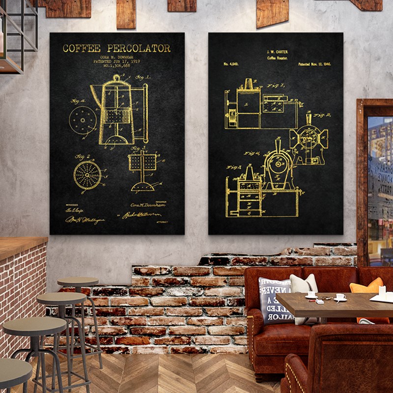咖啡店墙面装饰画工业风咖啡机结构分解图海报挂画咖啡馆背景壁画