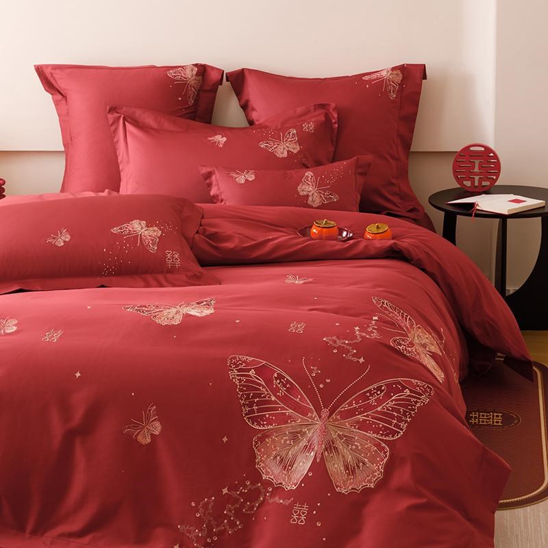 比翼双飞红色喜庆刺绣长绒棉四件套结婚陪嫁被套全棉床单中式床品