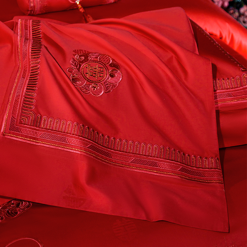 结婚十一件套全棉刺绣大红婚礼婚被新婚喜被婚庆四件套床上用品