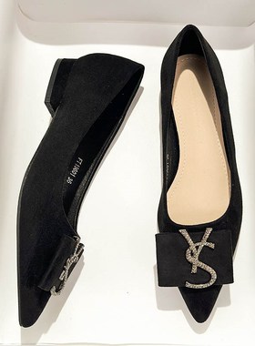 法式气质水钻绒面黑色职业工作平底鞋女尖头2025年新款夏浅口单鞋