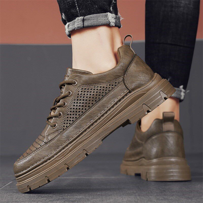 皮鞋男款夏季透气镂空休闲厚底内增高男士商务正装工作低帮马丁靴