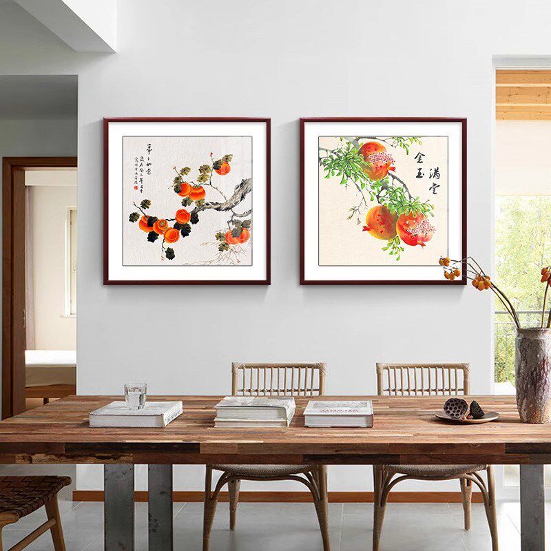 紫气东来葡萄餐厅实木挂画新中式水果国画实木饭厅装饰画玄关壁画