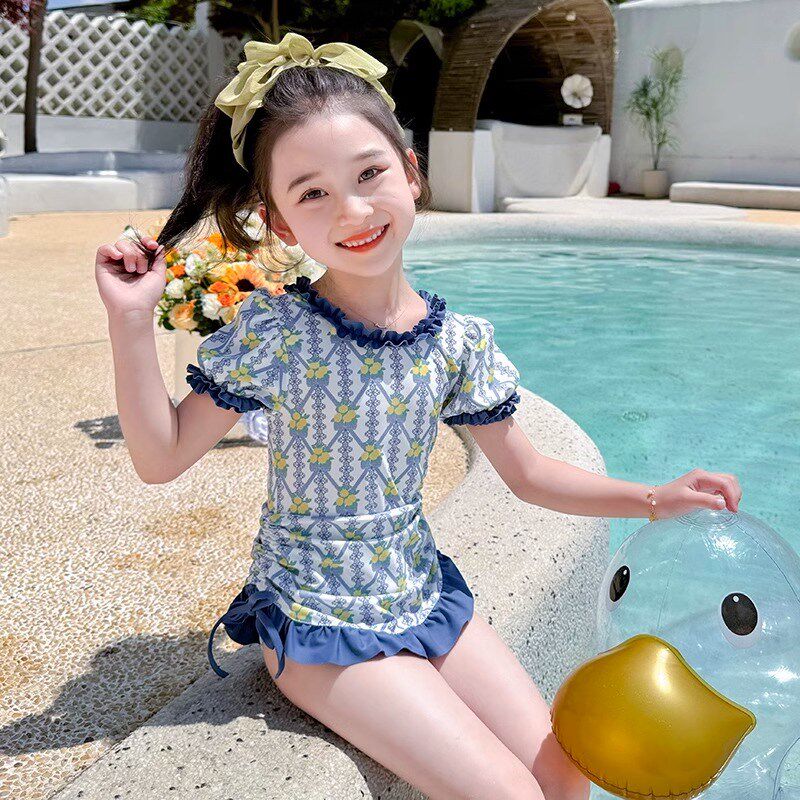 儿童夏季设计感连体式美背游泳衣女宝宝洋气碎花温泉泳装潮款