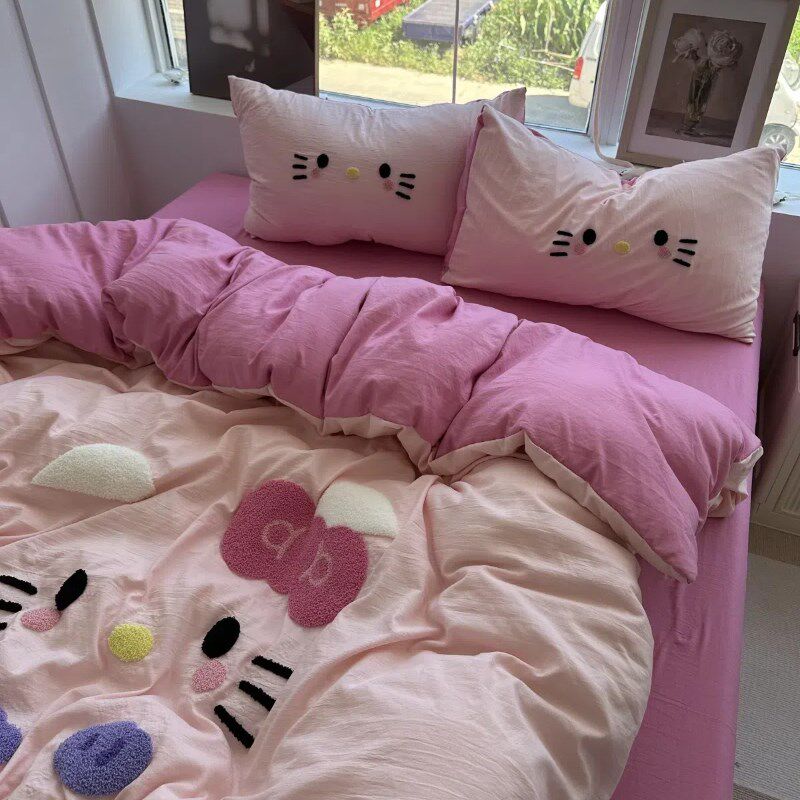 少女ins玫粉色可爱猫咪毛巾绣水洗棉四件套学生床单被套三件套1.8