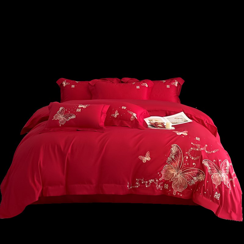 高级感A类刺绣婚庆四件套红色纯棉陪嫁被套床单喜被结婚床上用品4