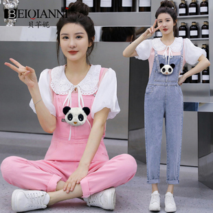 2024新款套装小清新减龄可爱粉色学生洋气夏季薄款牛仔背带裤少女