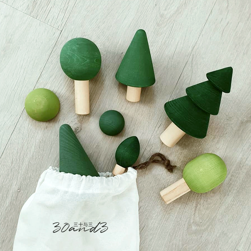 磨砂小树实木质摆件蘑菇屋儿童玩具亭子桥模型过家家橱窗场景DIY