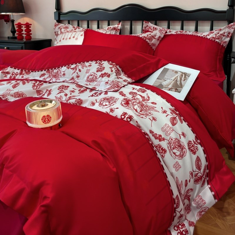 中式喜字结婚四件套大红色新婚床单被套婚庆床上用品婚房陪嫁
