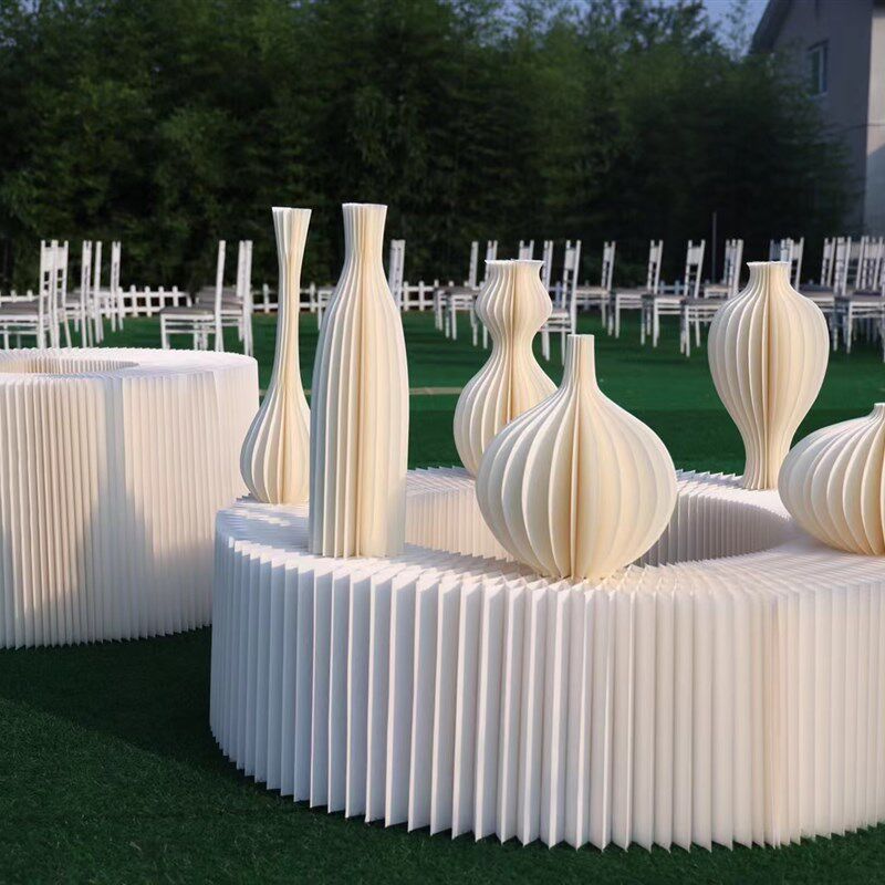 新款婚庆道具珠光折纸纸艺陶罐婚礼舞台路引侘寂风白色折叠摆件