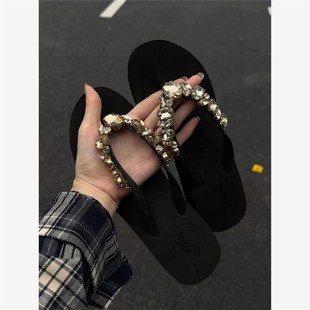 增高坡跟防滑海边沙滩凉拖鞋 水钻人字拖厚底女夏2025新款 外穿时尚