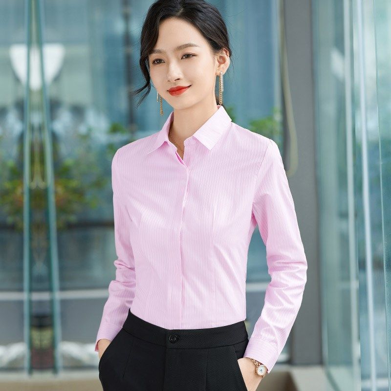 粉色条纹衬衫女长袖职业工作服工装气质正装秋季T竖条纹暗扣衬衣