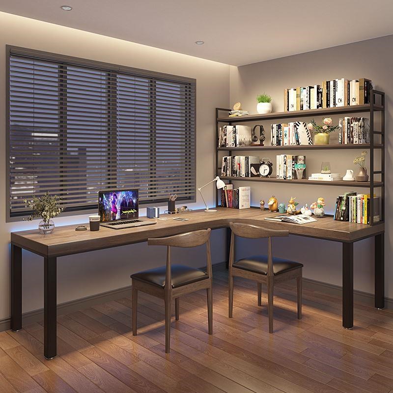 实木转角书桌书架一体组合L型电脑桌7拐角办公学习桌胡桃色电竞桌