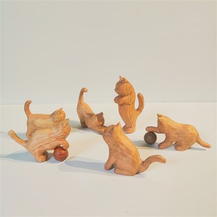 冰冷森林 实木手作各形态造型手工木雕猫店摆件 朦胧猫咪桌面摆件