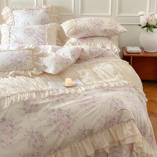 法式 田园风花卉全棉床上四件套公主风100花边被套少女心床裙4