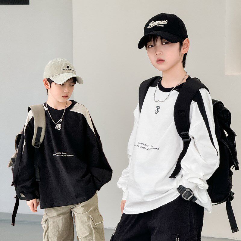 男童春装2025新款儿童肩部拼接长袖T恤青少年洋气韩版圆领打底衫