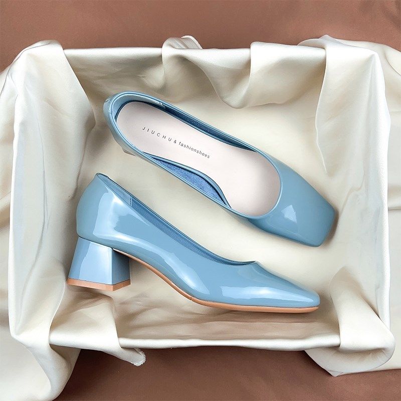 浅蓝色高跟鞋女粗跟2024秋冬季新款黑色方头浅口软皮职业工作单鞋