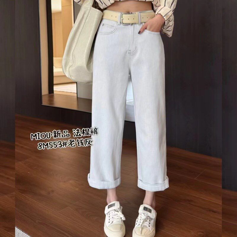 2025春款牛仔法棍裤女时尚老钱灰色宽松小个子挽边裤脚九分直筒裤