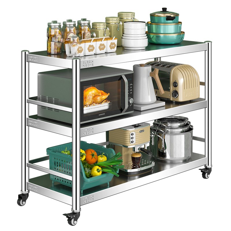 加厚304不绣钢锈厨房置物架带轮不锈钢架微波炉烤箱夹缝架可移动