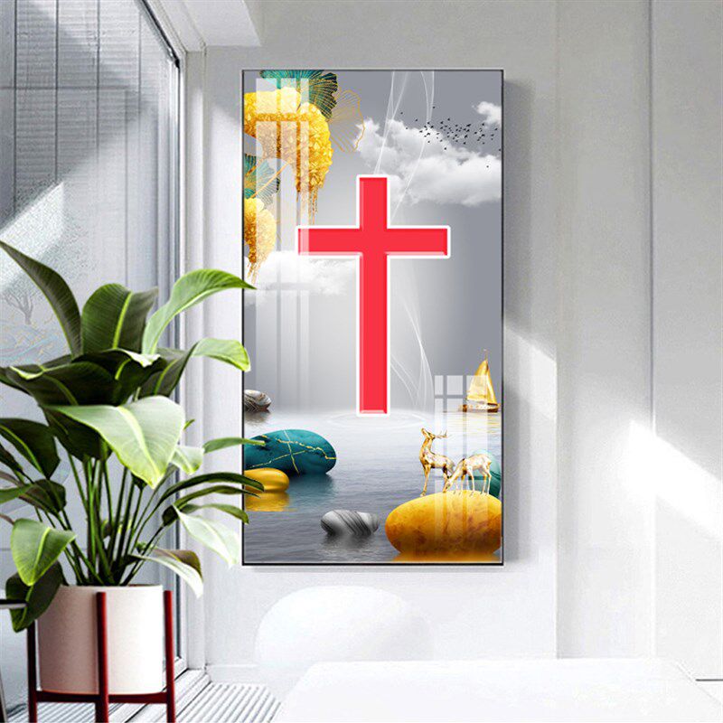 十字架玄关挂画晶瓷画装饰画客厅铝合金框大幅画金属框晶瓷画