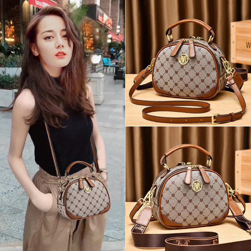 宽肩带手提小包包时尚印花女士小圆包大气百搭单肩斜挎双拉炼女包
