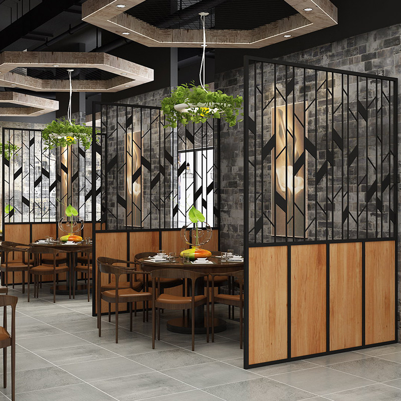现代餐厅沙发卡座饭店隔断铁艺实C木围栏酒吧工业风包间屏风装饰