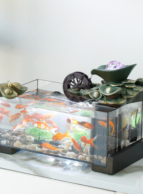 中式景观水循环转运生财玻璃鱼缸招财流水摆件办公室桌面开业礼品