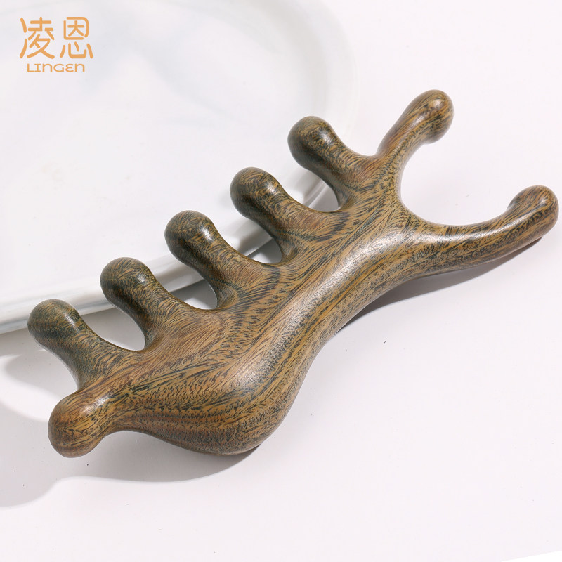绿檀木按摩梳头部k经络梳头皮梳子五经头发便携五齿宽齿脸眼部木