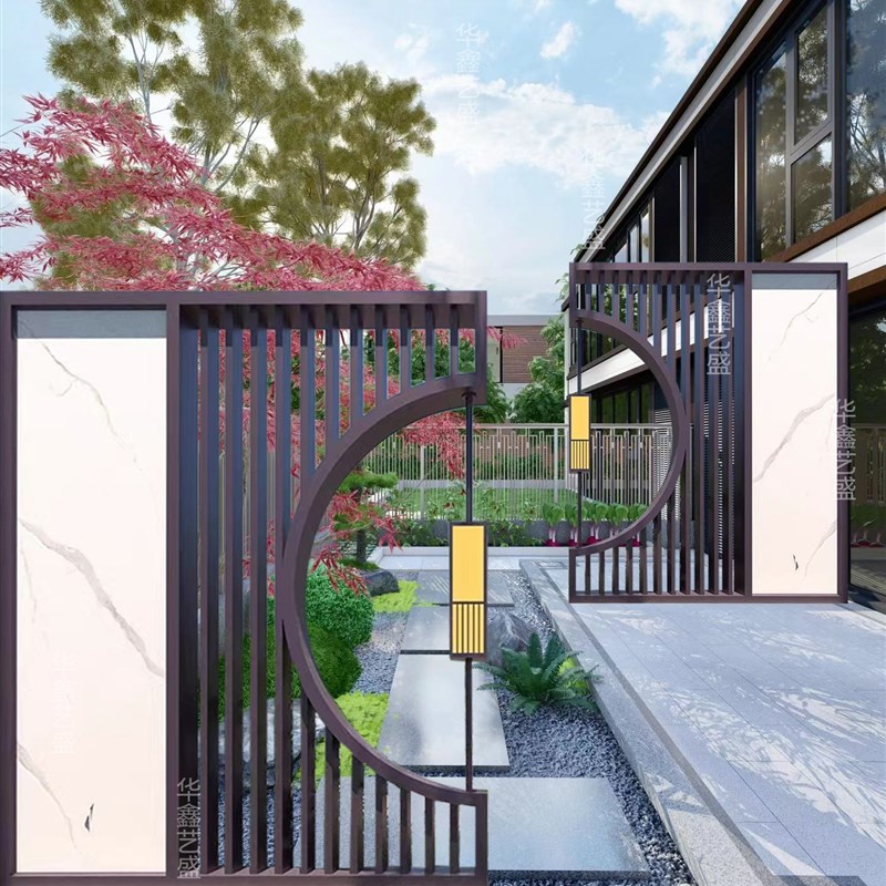 庭院月洞门屏风别墅花园半月形金属格栅影壁墙园林假山隔断背景墙