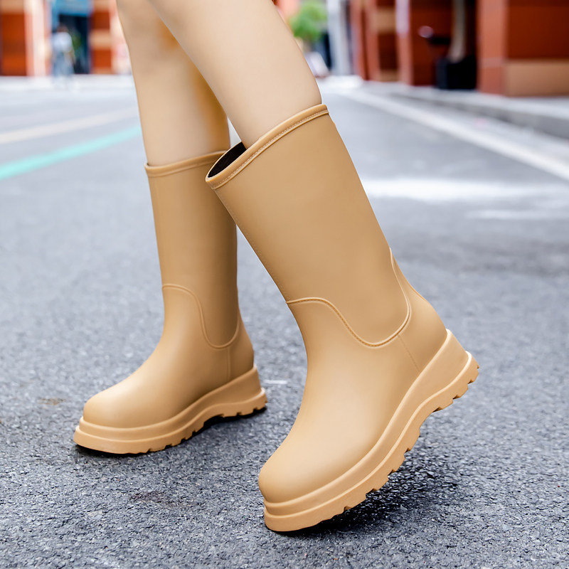 中筒雨靴厨房工j作胶鞋加绒保暖防滑防水鞋日系长筒雨鞋女甜美外